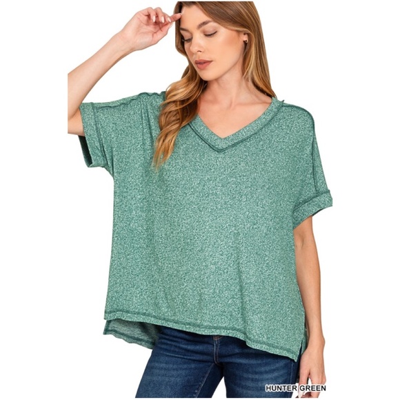 Cozy Solid Hacci V neck Reverse Stitch Short Sleeve Top - Picture 1 of 1